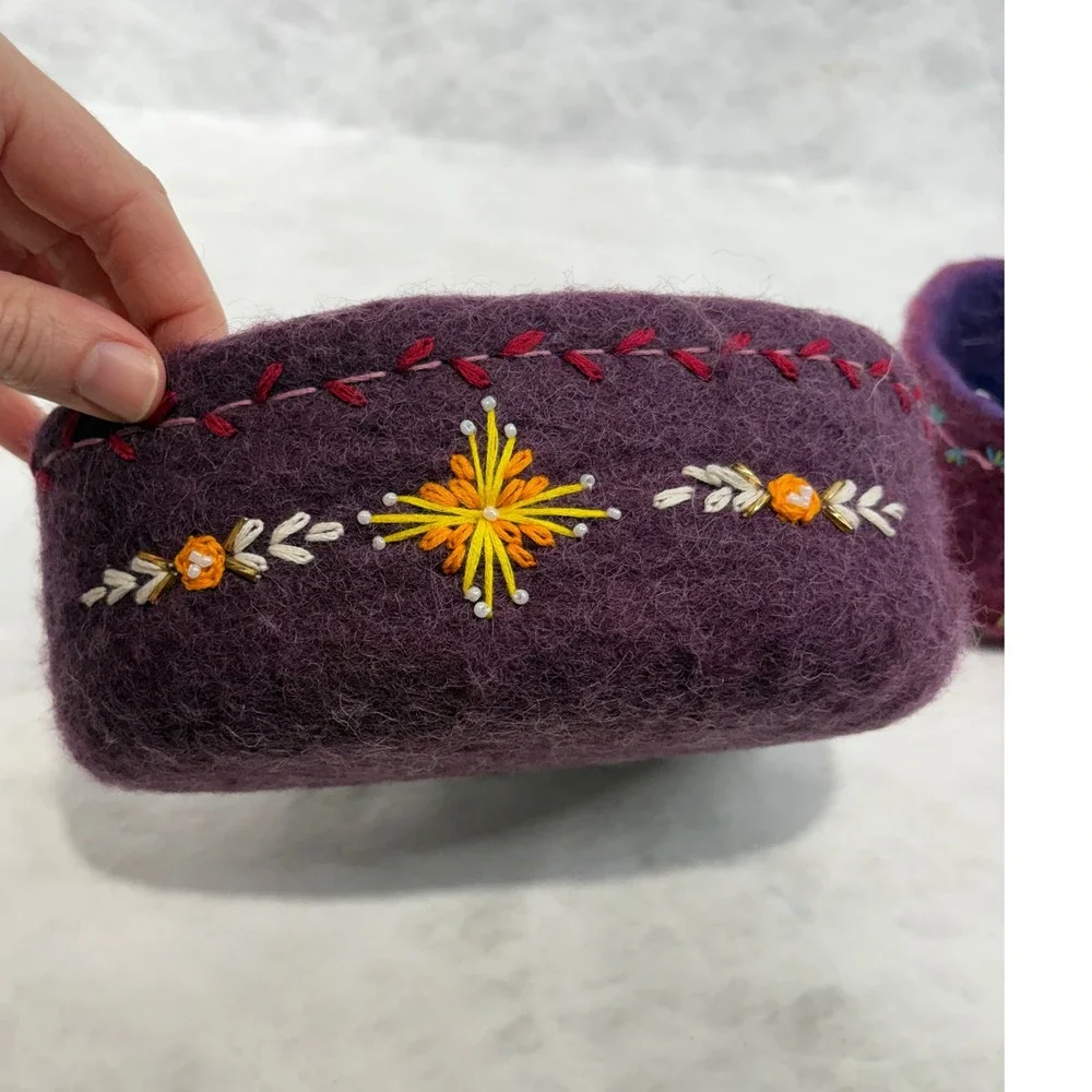 Handmade Felted Wool Embroidered Bowls Purple Boho Trinket Dish Lot of 2 7/31